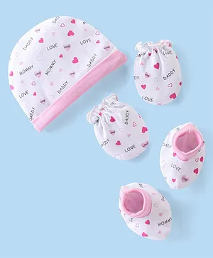 Babyhug 100% Cotton Interlock Knit Cap Mittens & Booties Set with Heart Print - White & Pink