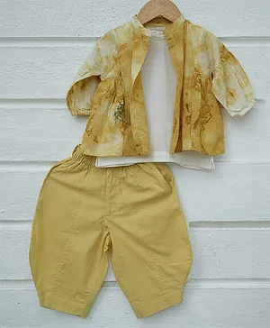 Love the World Today 100% Cotton Half Sleeves Tie Dye Kedia Jacket With Sleeveless Top & Baggy Pant - Yellow