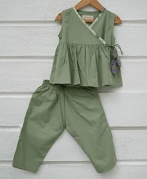 Love the World Today 100% Cotton Sleeveless Wrap Top And Pant Co Ord Set - Green