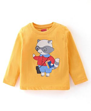 Babyhug Cotton Knit Full Sleeves T-Shirt with Raccoon Print - Yellow