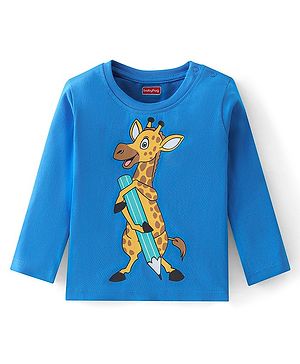 Babyhug 100% Cotton Knit Full Sleeves T-Shirt Giraffe Graphics - Blue