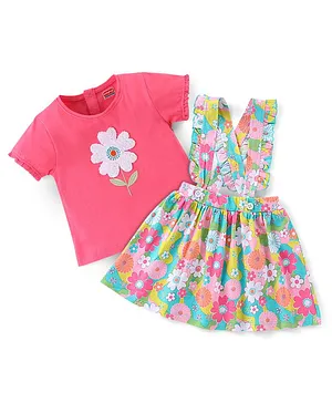 Babyhug 100% Cotton Knit Half Sleeves Top & Skirt Set with Suspender & Floral Print - Pink