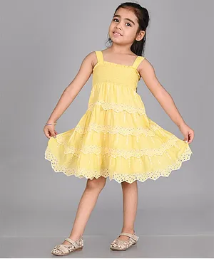 Creative Kids Sleeveless Smocked  Bodice Schiffli Embroidered Ruffle Dress - Yellow