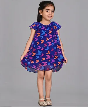 Creative Kids  Cap Sleeves Butterfly  Printed  A Line Dress - Blue & Orange