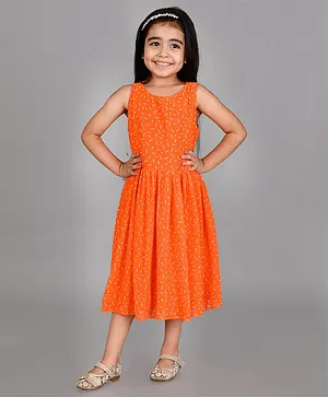 Creative Kids Sleeveless Geometric Abstract Lines & Dots Printed  Knee Length A Line Dress - Orange & White