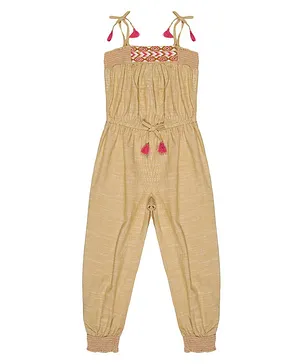 Young Birds 100% Cotton Chambray Jump Suit Solid Color - Tan