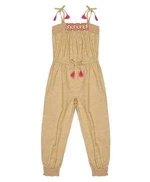 Young Birds 100% Cotton Chambray Jump Suit Solid Color - Tan