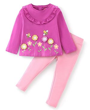 Babyhug Cotton Knit Full Sleeves Top with Floral Embroidery & Jeggings - Pink
