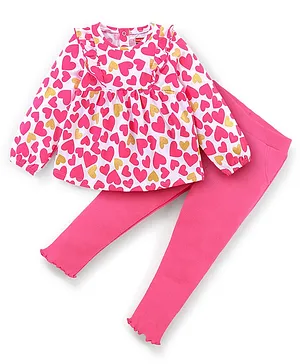 Babyhug 100% Cotton Knit Full Sleeves Top & Lounge Pant Heart Print - Pink
