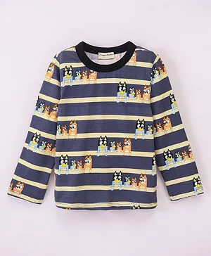 CrayonFlakes Full Sleeves Puppy Friends Printed & Rugby Striped Ringer Tee - Navy Blue