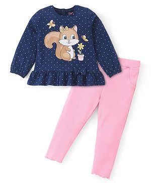 Babyhug 100% Cotton Knit Full Sleeves Top & Lounge Pant With Squirrel Print - Navy Blue & Pink