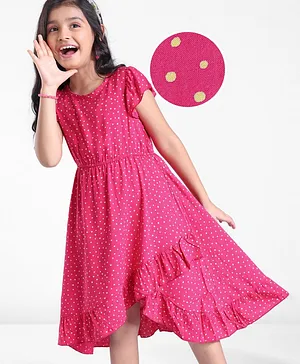 Hola Bonita Woven Cap Sleeves Frock with Over Lap Hem & Polka Dots Print - Pink