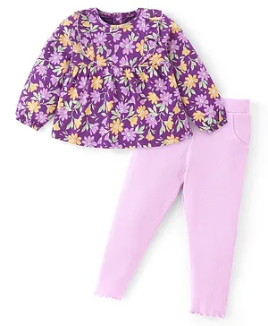 Babyhug 100% Cotton Knit Full Sleeves Top & Lounge Pant With Floral Print - Purple & Pink