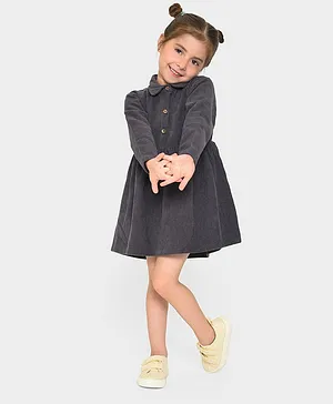 Mi Arcus Baby Girl Cotton Full Sleeves Corduroy Collar Fit & Flare Dress Dark Grey