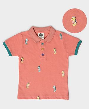 Mi Arcus  Cotton Half Sleeves Sea Horse Embroidered Polo T-Shirt Peach