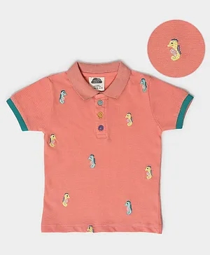 Mi Arcus 100 % Cotton Half Sleeves Sea Horse Embroidered Polo T Shirt -  Peach