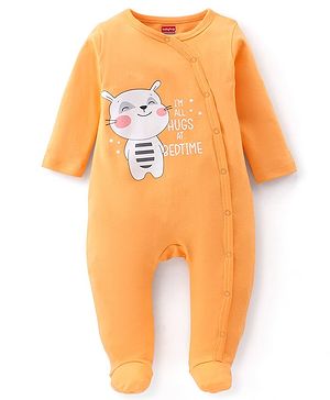 Babyhug Interlock Full Sleeves Footed Sleep Suit Kitty Print - Orange