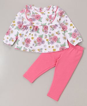Babyhug 100% Cotton Knit Full Sleeves Top & Legging Set Floral Print - White & Pink