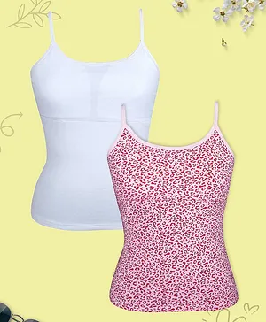 D'Chica Pack Of 2 Sleeveless Solid & Leopard Printed High Coverage Cotton Camisole Bra With Adjustable Strap  -  White & Pink