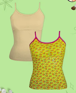 D'Chica Pack Of 2 Sleeveless Solid & Fruit Printed High Coverage Cotton Camisole Bra With Adjustable Strap - Beige & Yellow