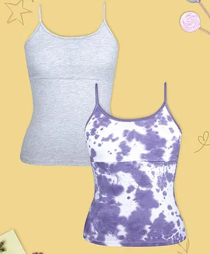 D'Chica Pack Of 2 Sleeveless Solid & Tie Dye Styled High Coverage Cotton Camisole Bra With Adjustable Strap  - Purple & Grey