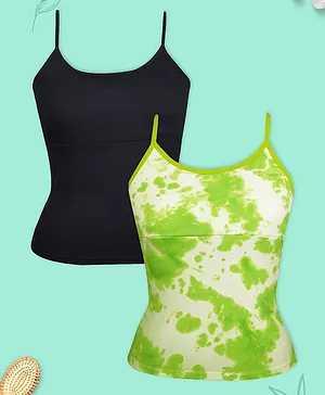 D'Chica Pack Of 2 Sleeveless Solid & Tie Dye Styled High Coverage Cotton Camisole Bra With Adjustable Strap  - Green & Black