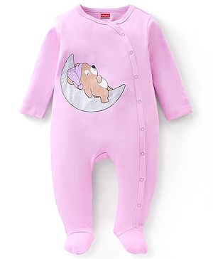 Babyhug Cotton Knit Full Sleeves Footed Sleepsuit Teddy Print - Pink