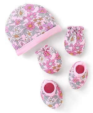 Babyhug 100% Cotton Knit Cap Mittens & Booties Set Floral Print - Pink