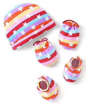 Babyhug 100% Cotton Knit Cap Mittens & Booties Set Star Print - Multicolour