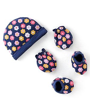 Babyhug 100% Cotton Knit Cap Mittens & Booties With Floral Print - Navy Blue
