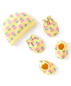 Babyhug 100% Cotton Cap Mittens & Booties Set With Floral Print Yellow - Diameter 9.5 cm