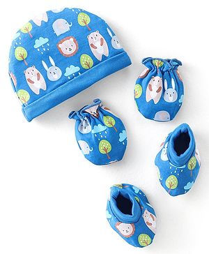 Babyhug 100% Cotton Knit Bear Print Cap Mittens & Booties - Navy Blue