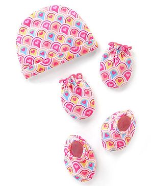 Babyhug 100% Cotton Interlock Knit Cap Mittens & Booties Set with Heart Print - Pink