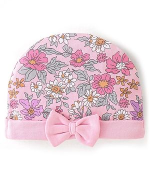 Babyhug 100% Cotton Knit Cap Floral Printed with Bow Applique- Pink