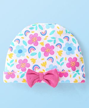 Babyhug 100% Cotton Knit Cap with Floral Design and Bow - Multicolour