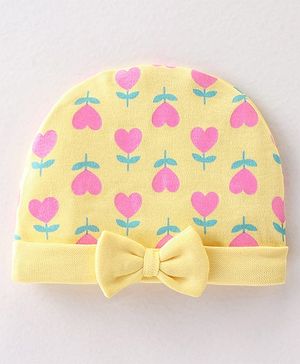 Babyhug 100% Cotton Interlock Knit Cap Heart Print - Yellow