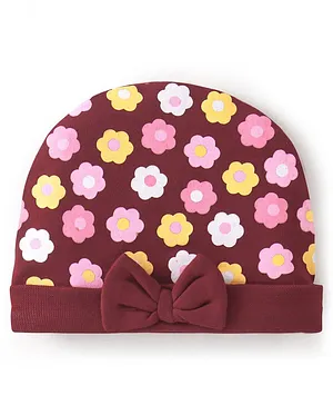 Babyhug 100% Cotton Knit Cap Floral Printed with Bow Applique- Red