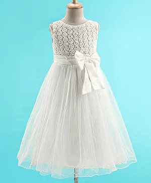 The KidShop Sleeveless Rosette Corsage & Twisted Design Appliqued Bodice Fit & Flare Party Dress - Off White