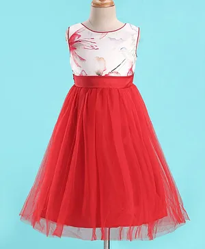The KidShop Sleeveless Water Colour Effect Floral Printed Bodice Fit & Flare Party Dress - Red