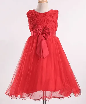The KidShop Sleeveless Rosette Corsage & Twisted Design Appliqued Bodice Fit & Flare Party Dress - Red