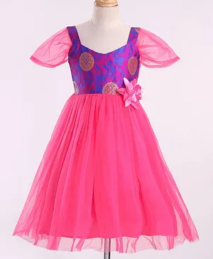 The KidShop Half Sleeves Abstract Foil Motif Printed Floral Applique  Fit & Flare Party Dress - Fuchsia Pink