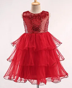 The KidShop Sleeveless Sequin Bodice Embellished Fit & Flare Layered Dress - Red