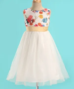 The KidShop Sleeveless Floral Printed Bodice Fit & Flare Party Dress - Off White