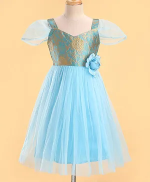The KidShop Cap Sleeves Floral Intricate Block Motif Foil Self Designed Bodice Fit & Flare Party Dress - Aqua Blue