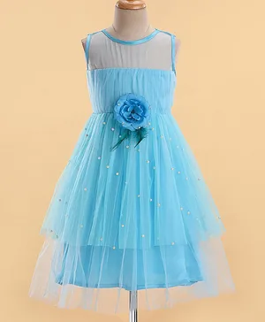 The KidShop Sleeveless Flower Applique Detailed & Beaded Fit & Flare Layered Dress - Aqua Blue