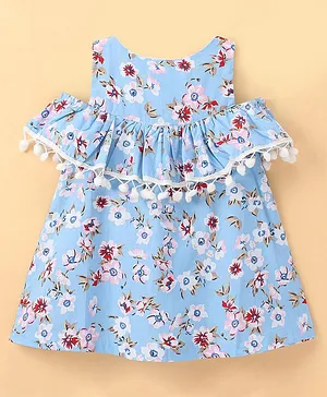 The KidShop Off Shoulder Floral Printed Frill Detailed Dress - Blue
