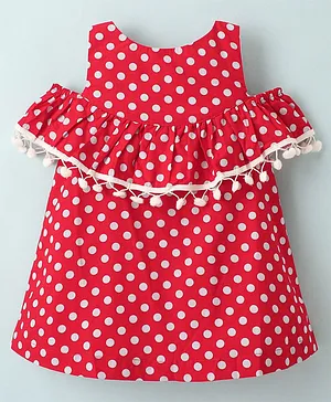 The KidShop Cold Shoulder Polka Dots Printed Fit &   Flare Dress - Red