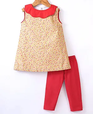 The KidShop Sleeveless Floral Printed Dress With Solid Leggings - Multi Colour