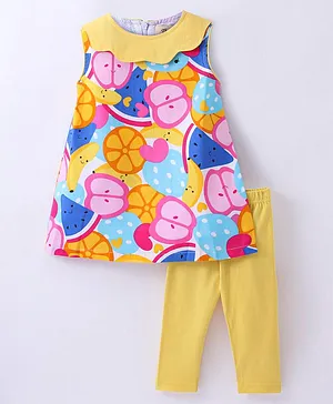 The KidShop Sleeveless Fruits Printed Dress With Leggings - Yellow
