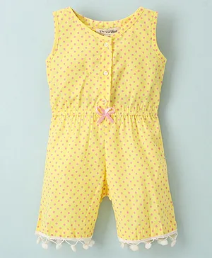 The KidShop Sleeveless Polka Dots Printed With Pom Pom Lace Embellished  Jumpsuits - Yellow